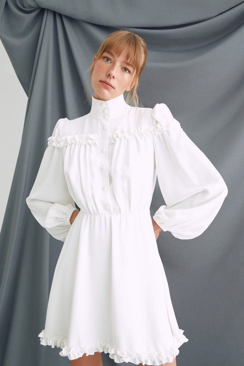 White Turtle-Neck, Long-Sleeved, Viscose Mini Dress