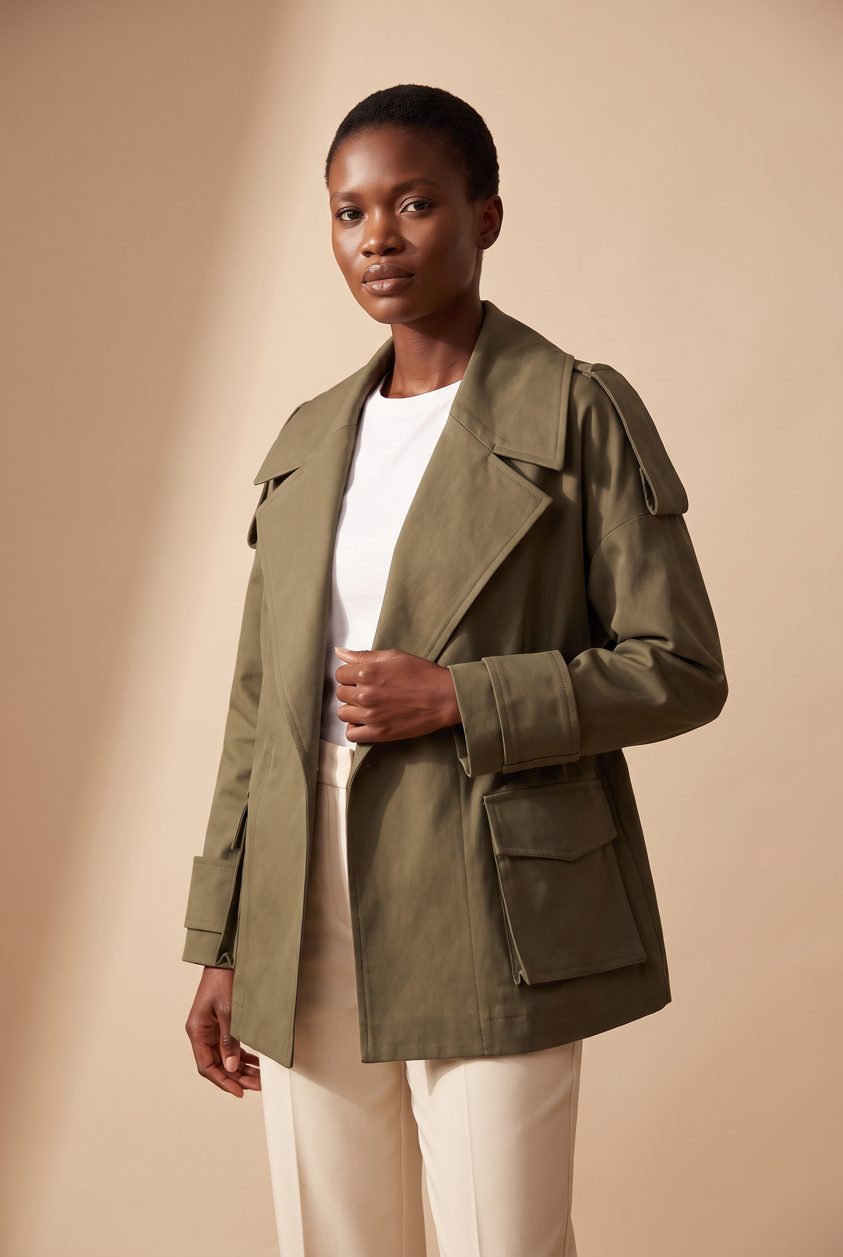 Gali jacket worn open without the belt